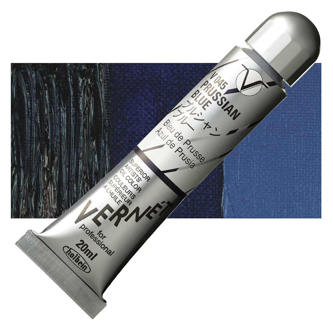 Open in modal - Holbein Vernét Superior Artists' Oil Paint - Prussian Blue, 20 ml tube and swatch