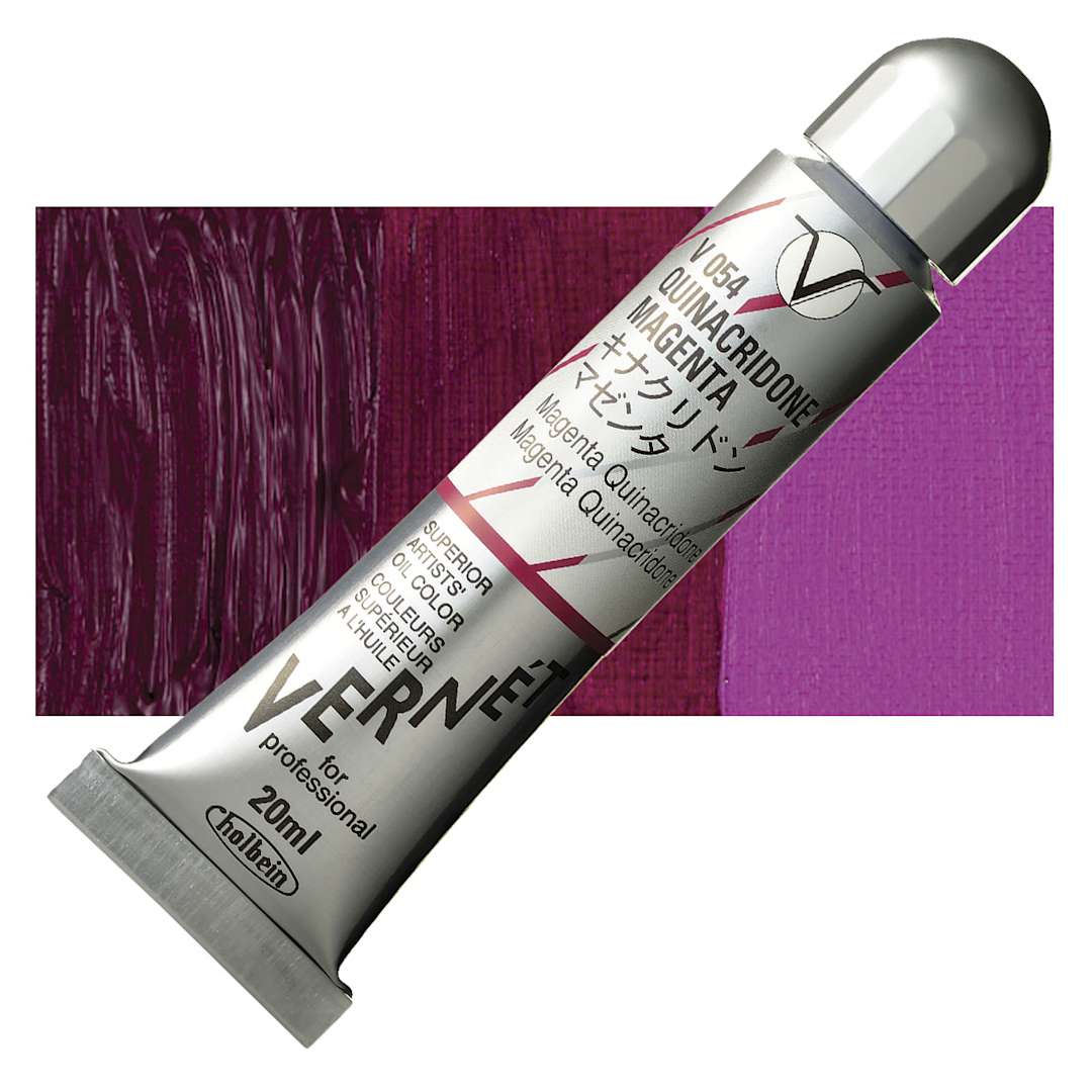 Open in modal - Holbein Vernét Superior Artists' Oil Paint - Quinacridone Magenta, 20 ml tube and swatch