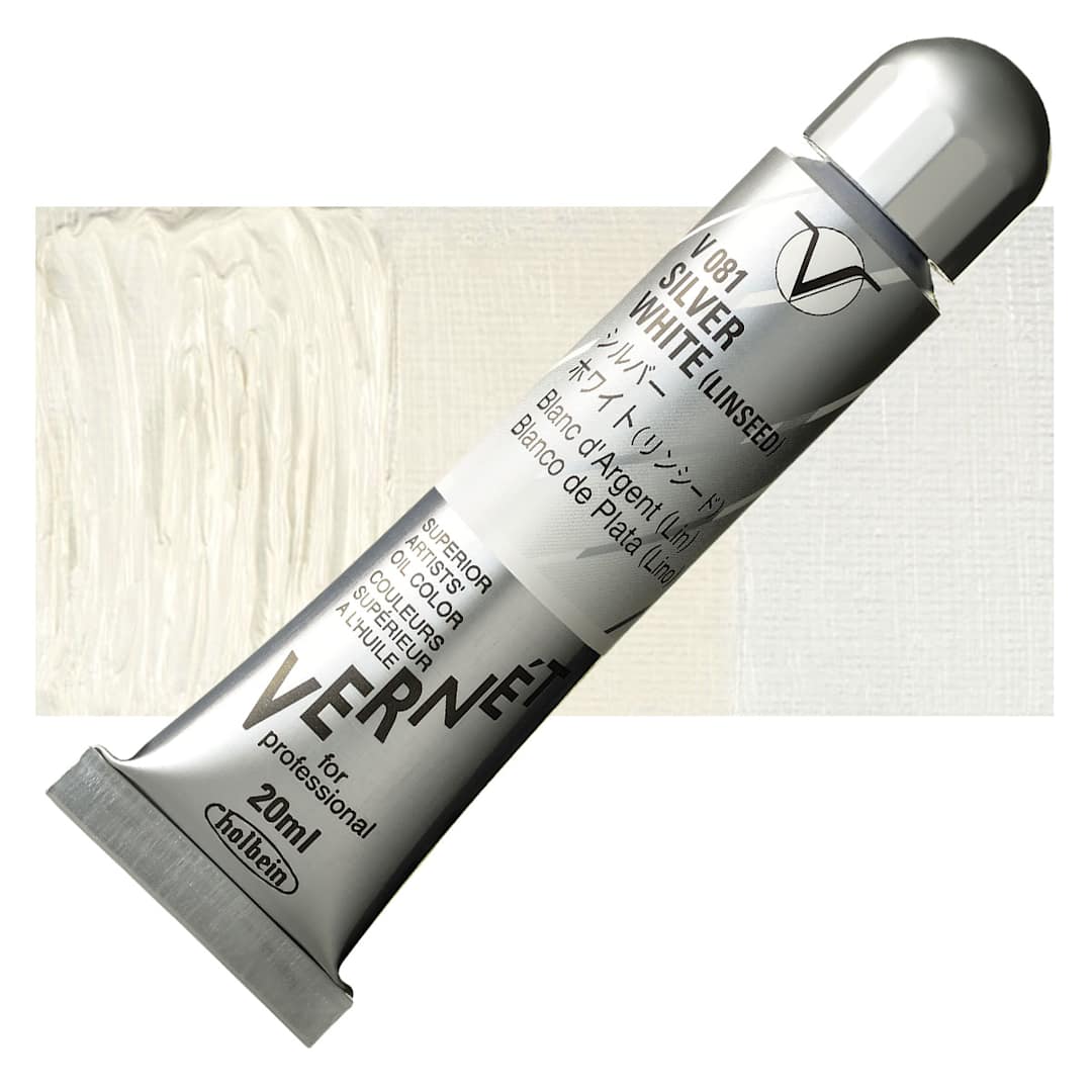 Open in modal - Holbein Vernét Superior Artists' Oil Paint - Silver White Flake (Linseed), 20 ml tube and swatch