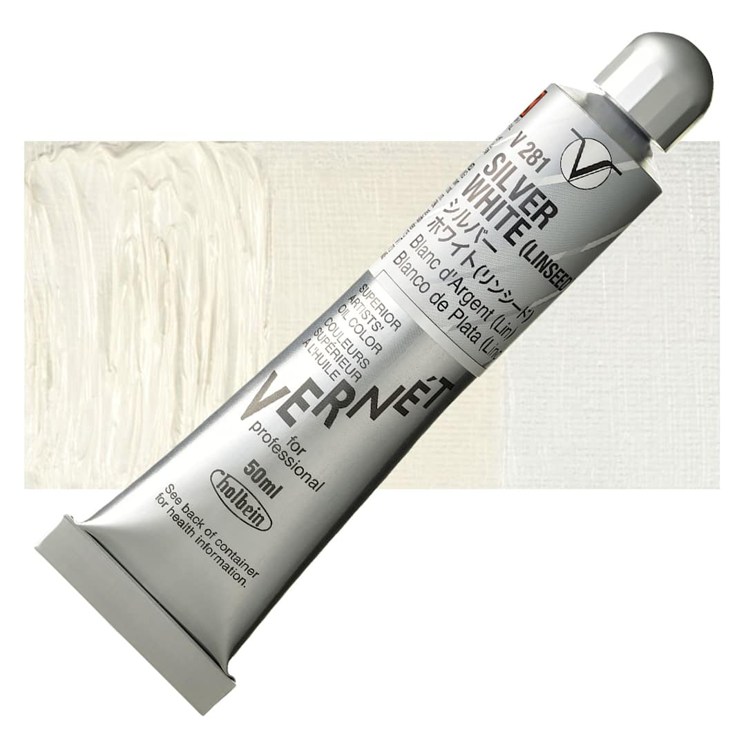 Open in modal - Holbein Vernét Superior Artists' Oil Paint - Silver White Flake (Linseed), 50 ml tube and swatch