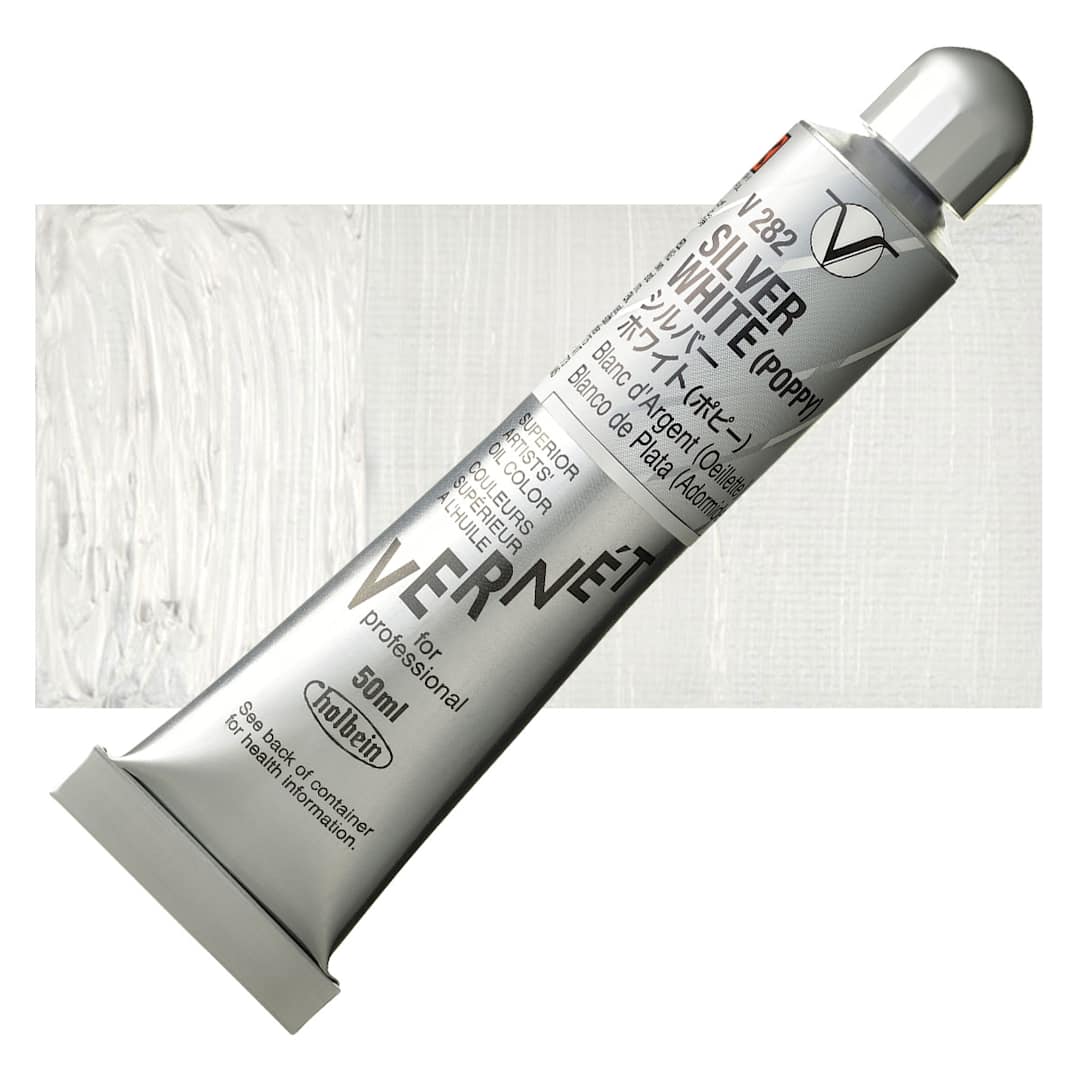 Open in modal - Holbein Vernét Superior Artists' Oil Paint - Silver White Flake (Poppy), 50 ml tube and swatch