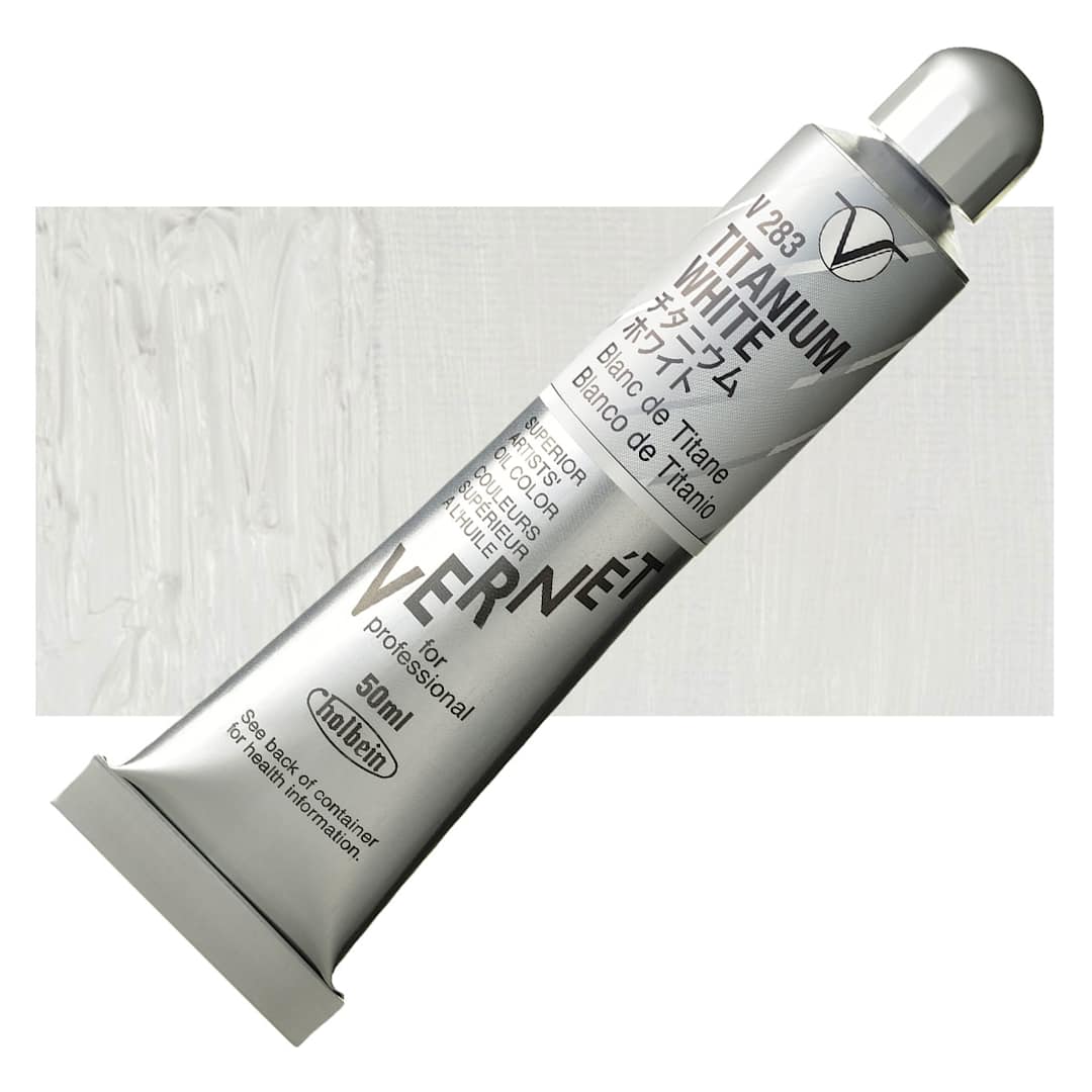 Open in modal - Holbein Vernét Superior Artists' Oil Paint - Titanium White, 50 ml tube and swatch