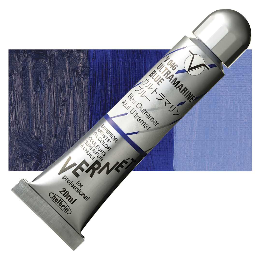 Open in modal - Holbein Vernét Superior Artists' Oil Paint - Ultramarine Blue, 20 ml tube and swatch