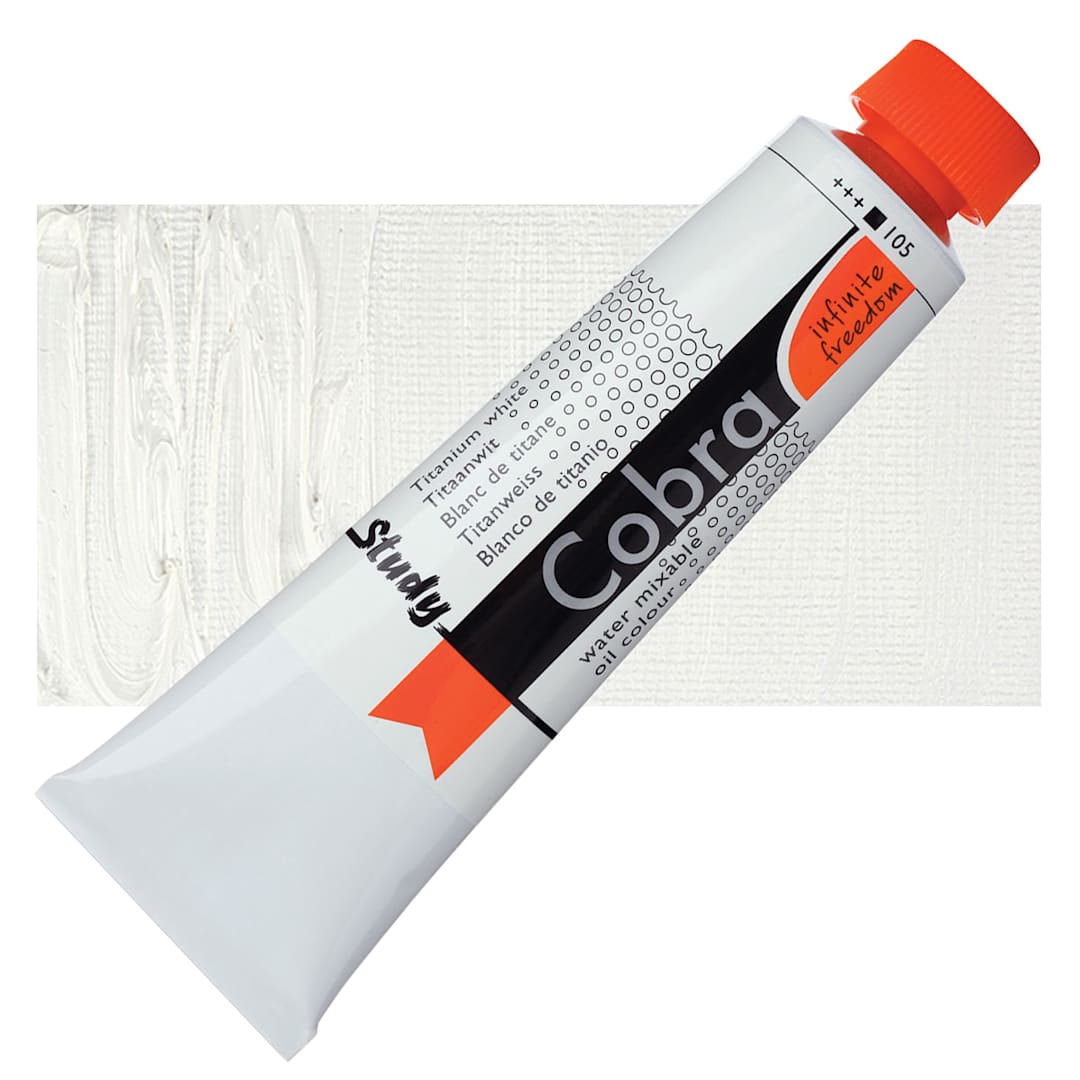 Open in modal - Royal Talens Cobra Study Water Mixable Oil Paint - Titanium White, 40 ml tube and swatch