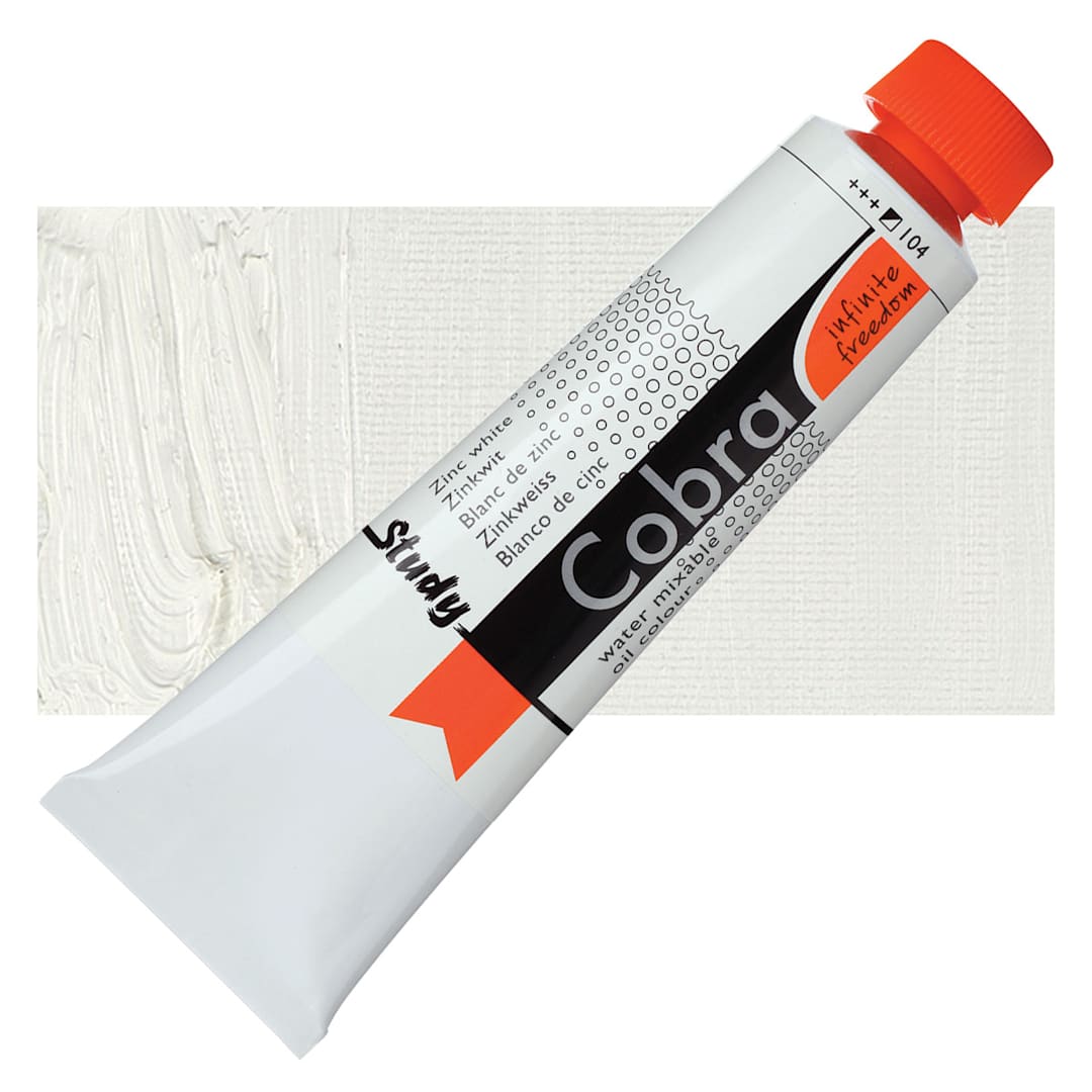 Open in modal - Royal Talens Cobra Study Water Mixable Oil Paint - Zinc White, 40 ml tube and swatch