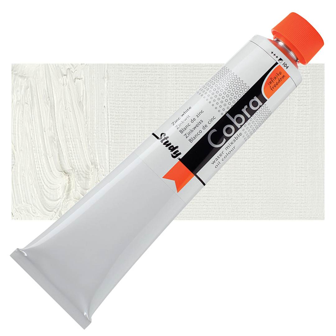 Open in modal - Royal Talens Cobra Study Water Mixable Oil Paint - Zinc White, 200 ml tube and swatch