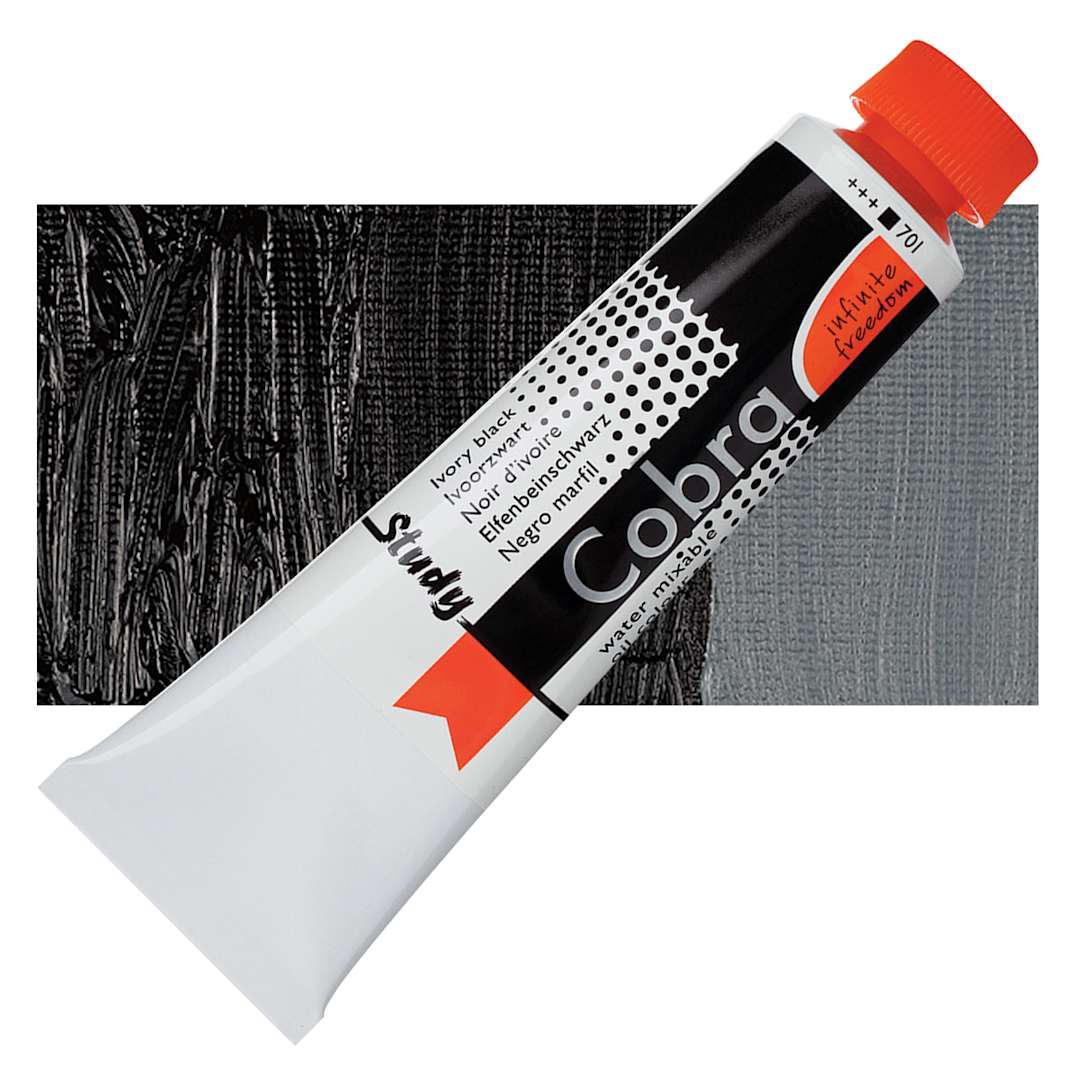 Open in modal - Royal Talens Cobra Study Water Mixable Oil Paint - Ivory Black, 40 ml tube and swatch