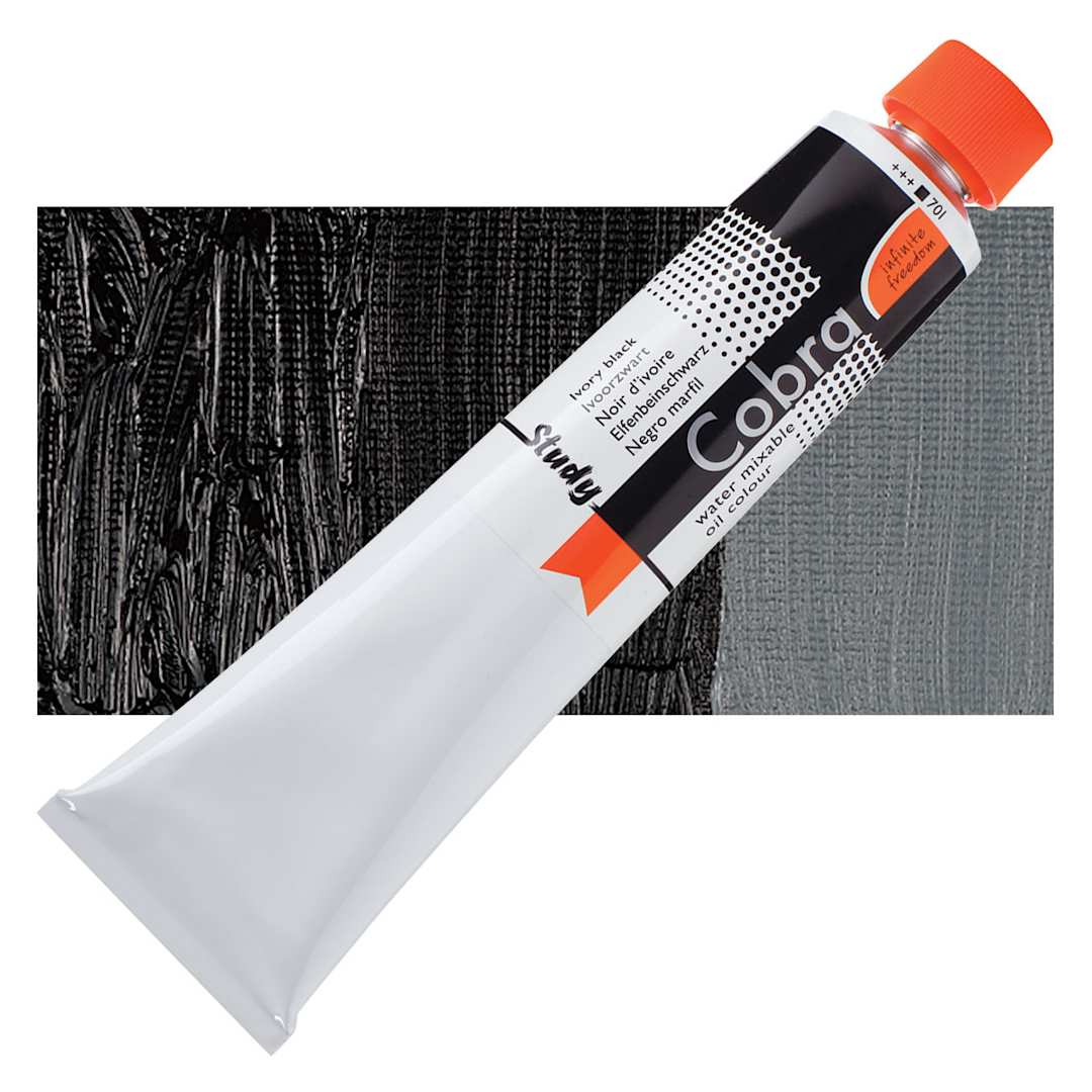 Open in modal - Royal Talens Cobra Study Water Mixable Oil Paint - Ivory Black, 200 ml tube and swatch