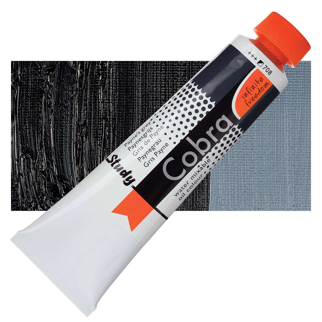 Open in modal - Royal Talens Cobra Study Water Mixable Oil Paint - Payne's Gray, 40 ml tube and swatch
