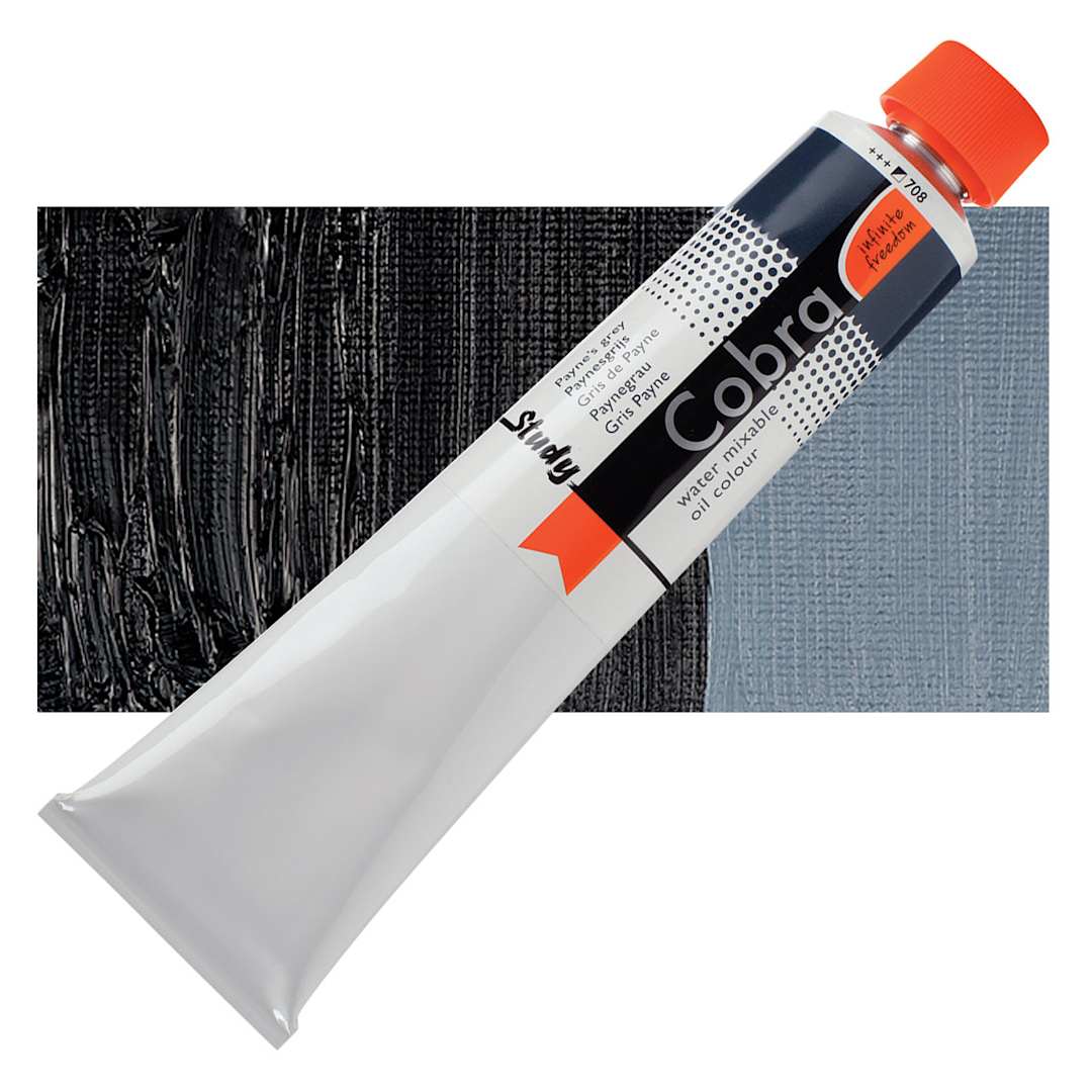 Open in modal - Royal Talens Cobra Study Water Mixable Oil Paint - Payne's Gray, 200 ml tube and swatch
