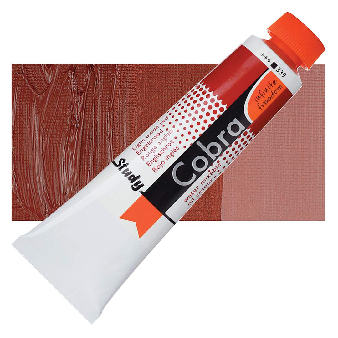 Open in modal - Royal Talens Cobra Study Water Mixable Oil Paint - Light Oxide Red, 40 ml tube and swatch