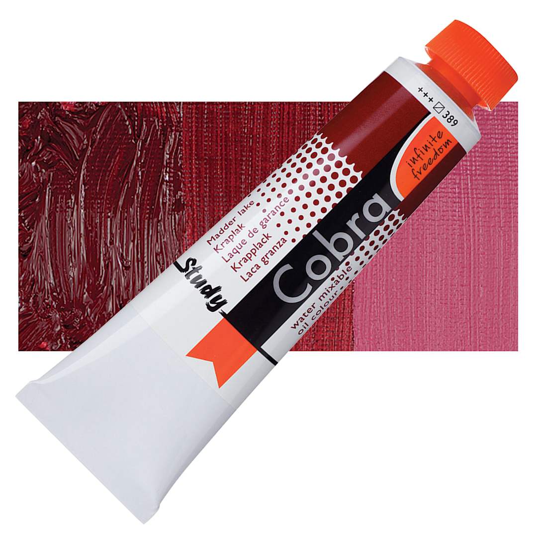 Open in modal - Royal Talens Cobra Study Water Mixable Oil Paint - Madder Lake, 40 ml tube and swatch