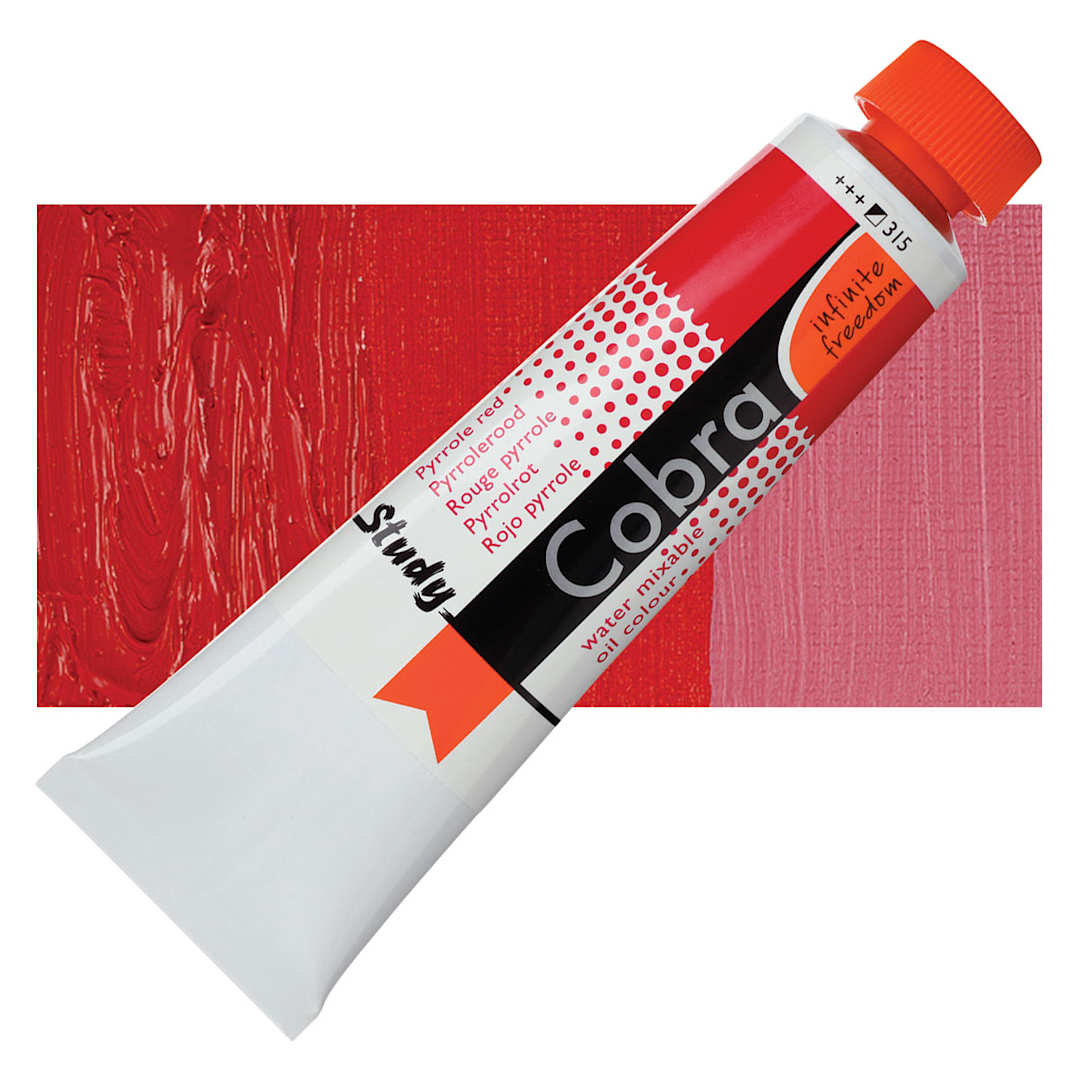 Open in modal - Royal Talens Cobra Study Water Mixable Oil Paint - Pyrrole Red, 40 ml tube and swatch