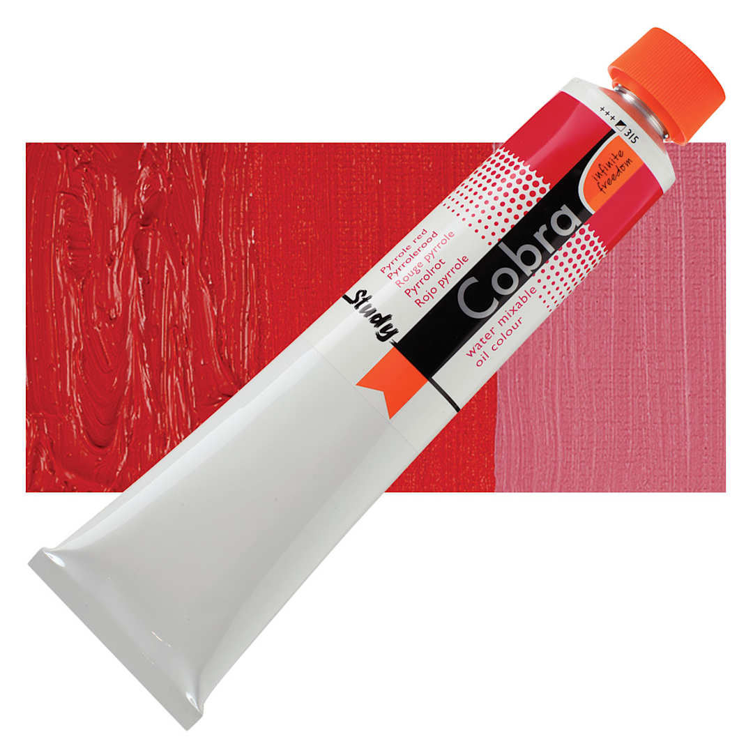 Open in modal - Royal Talens Cobra Study Water Mixable Oil Paint - Pyrrole Red, 200 ml tube and swatch