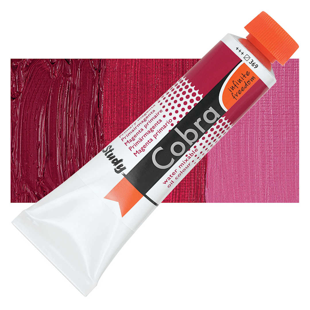 Open in modal - Royal Talens Cobra Study Water Mixable Oil Paint - Primary Magenta, 40 ml tube and swatch