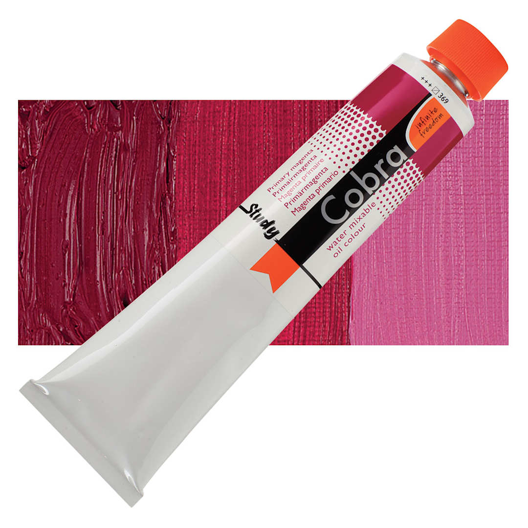 Open in modal - Royal Talens Cobra Study Water Mixable Oil Paint - Primary Magenta, 200 ml tube and swatch