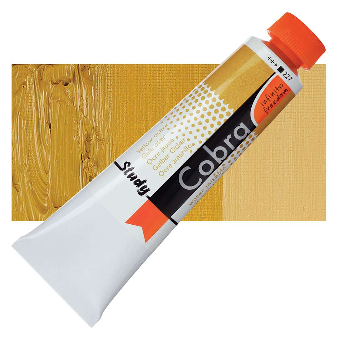 Open in modal - Royal Talens Cobra Study Water Mixable Oil Paint - Yellow Ochre, 40 ml tube and swatch