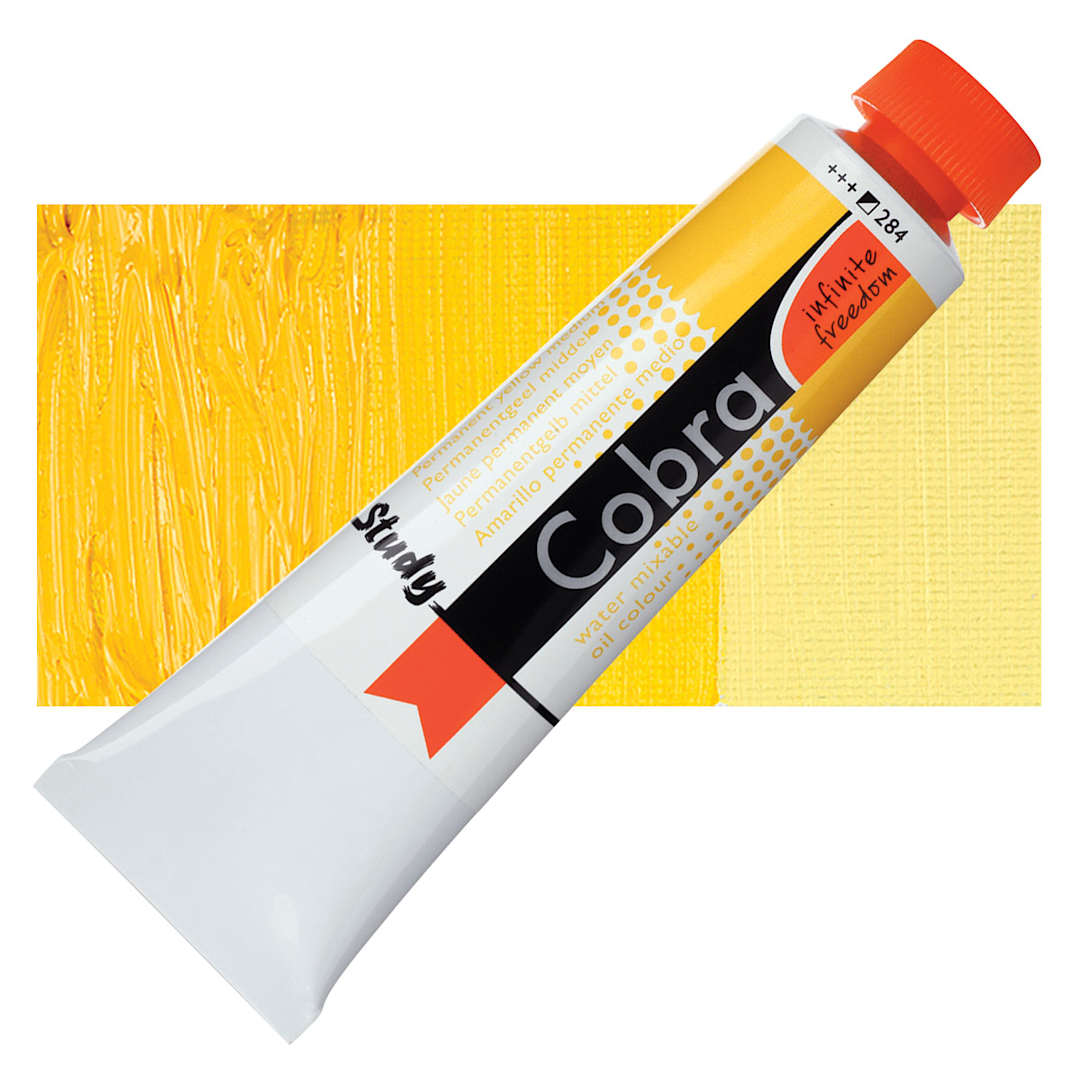 Open in modal - Royal Talens Cobra Study Water Mixable Oil Paint - Permanent Yellow Medium, 40 ml tube and swatch