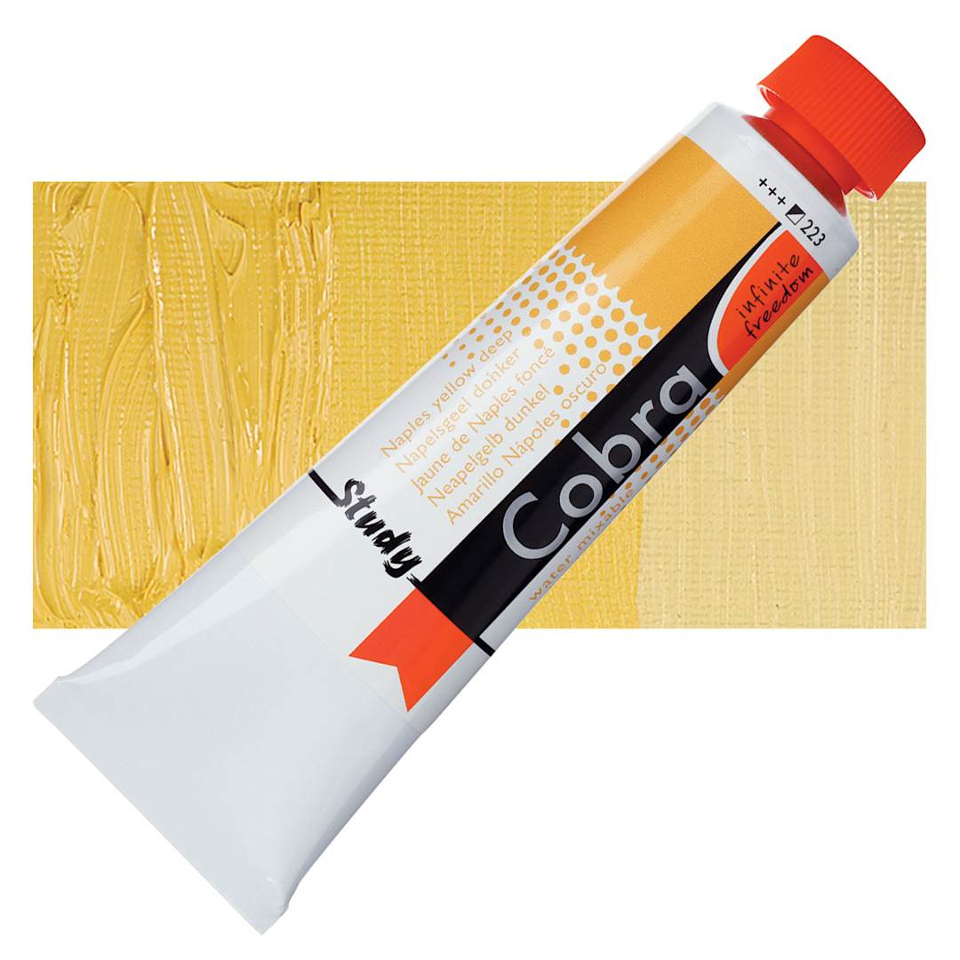 Open in modal - Royal Talens Cobra Study Water Mixable Oil Paint - Naples Yellow Deep, 40 ml tube and swatch