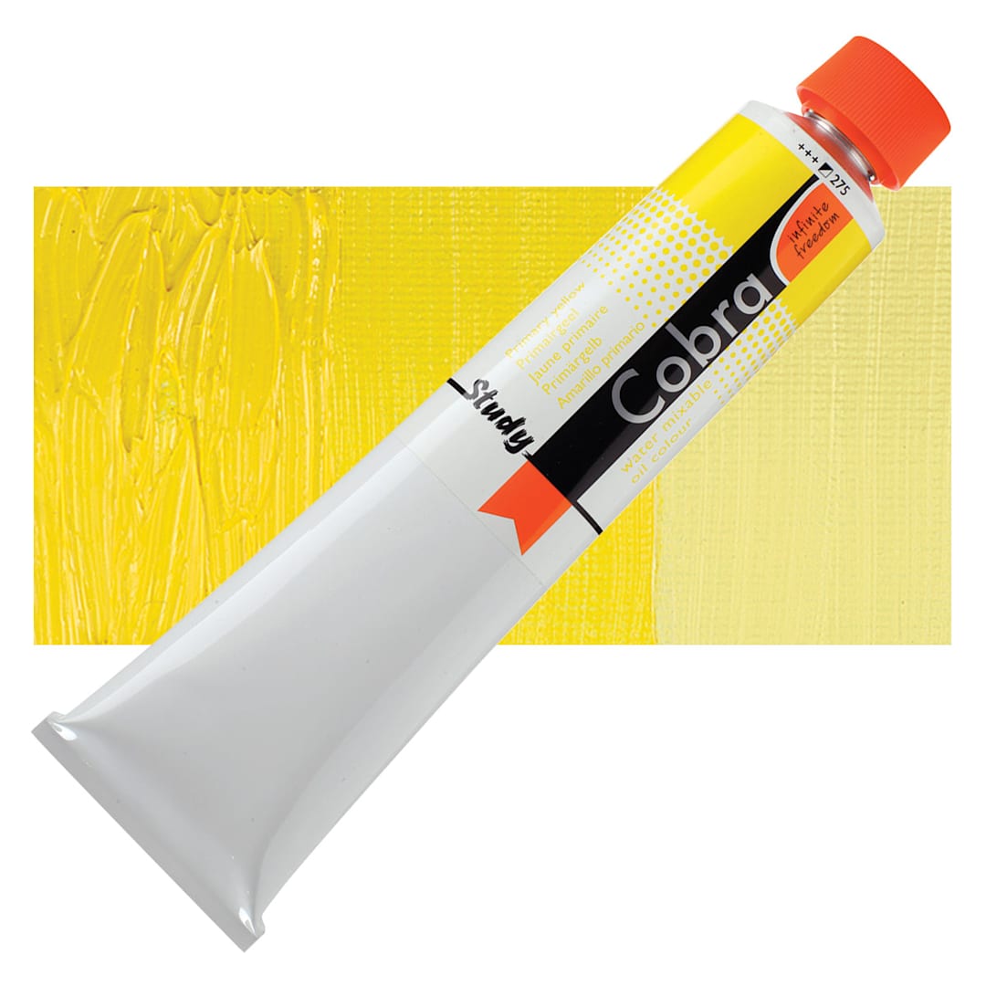 Open in modal - Royal Talens Cobra Study Water Mixable Oil Paint - Primary Yellow, 200 ml tube and swatch
