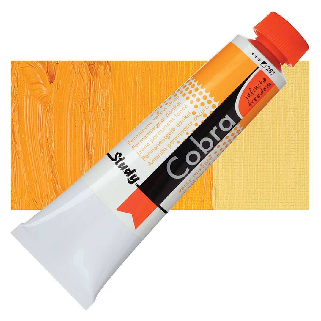 Open in modal - Royal Talens Cobra Study Water Mixable Oil Paint - Permanent Yellow Deep, 40 ml tube and swatch
