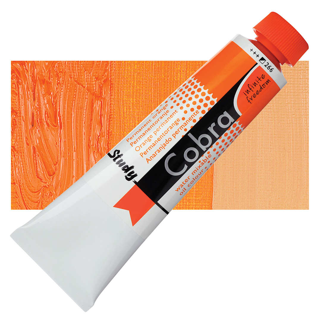 Open in modal - Royal Talens Cobra Study Water Mixable Oil Paint - Permanent Orange, 40 ml tube and swatch