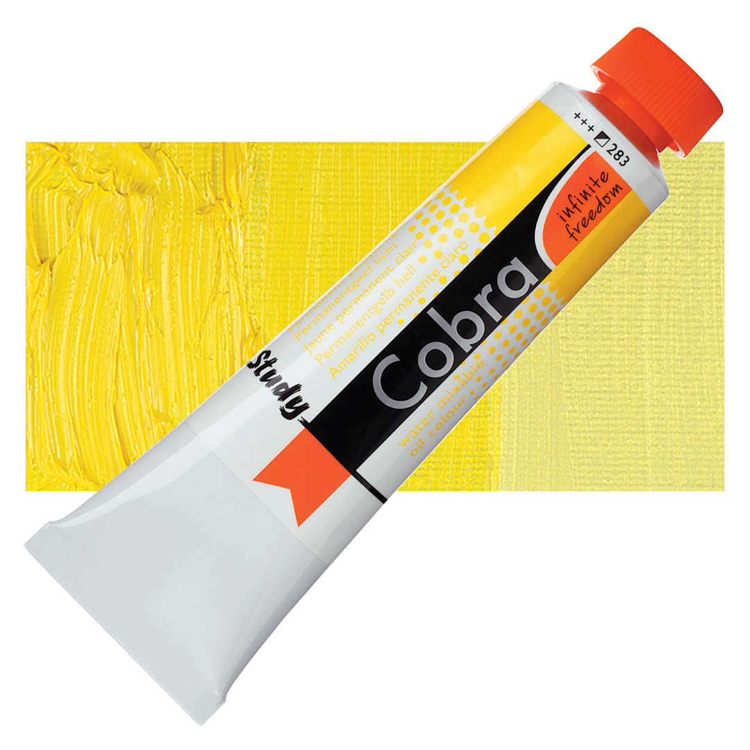Open in modal - Royal Talens Cobra Study Water Mixable Oil Paint - Permanent Yellow Light, 40 ml tube and swatch