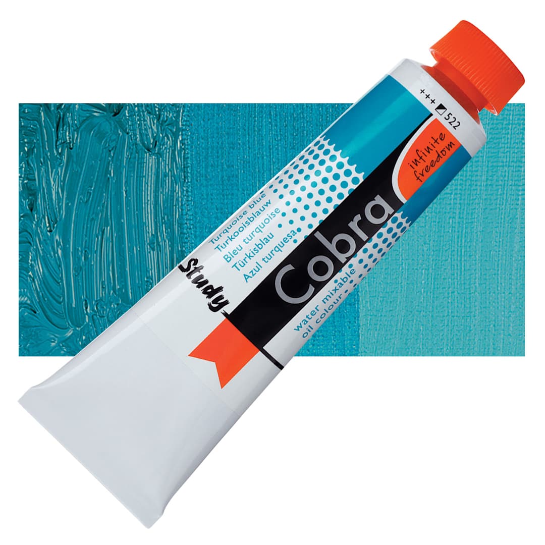 Open in modal - Royal Talens Cobra Study Water Mixable Oil Paint - Turquoise Blue, 40 ml tube and swatch