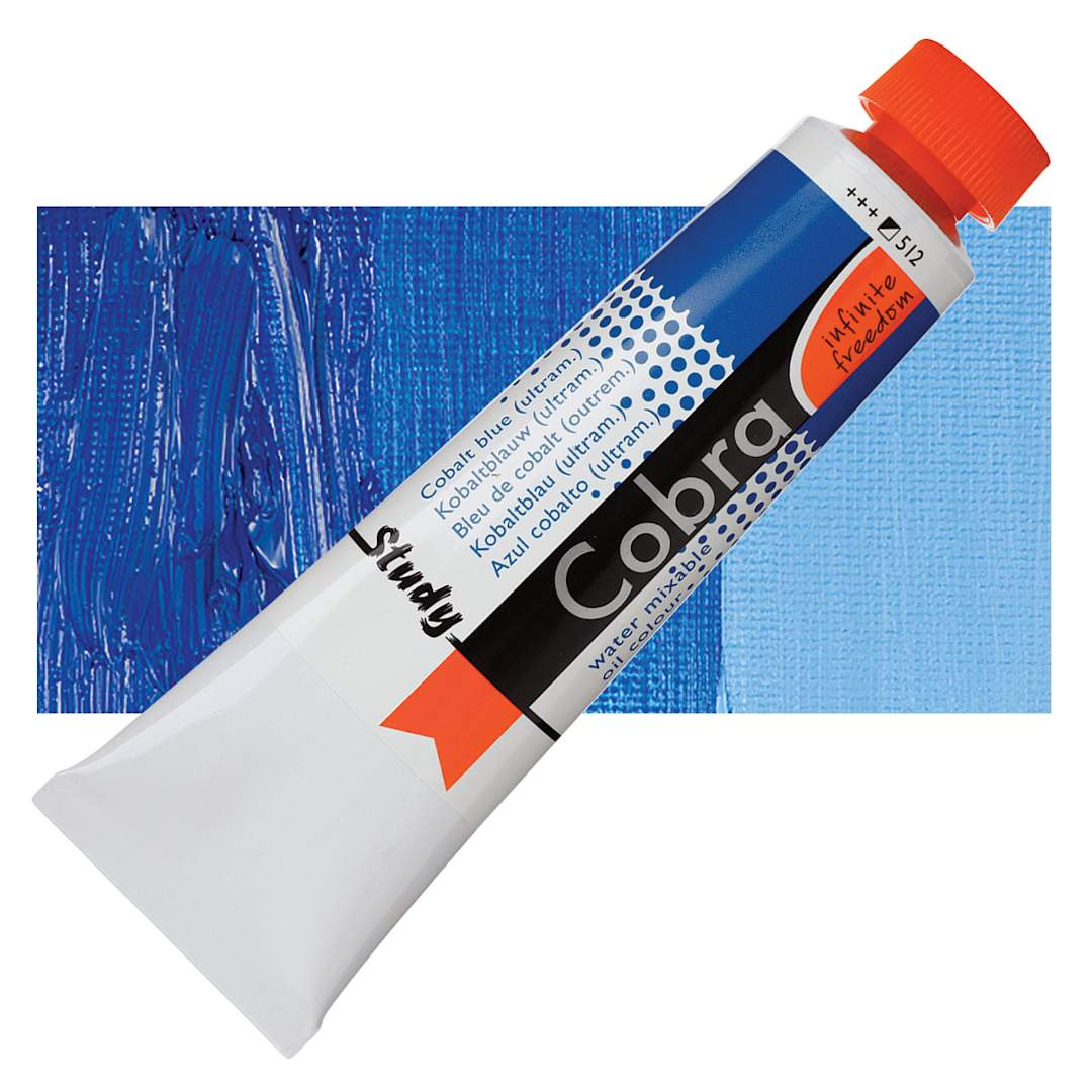 Open in modal - Royal Talens Cobra Study Water Mixable Oil Paint - Cobalt Blue (Ultramarine), 40 ml tube and swatch