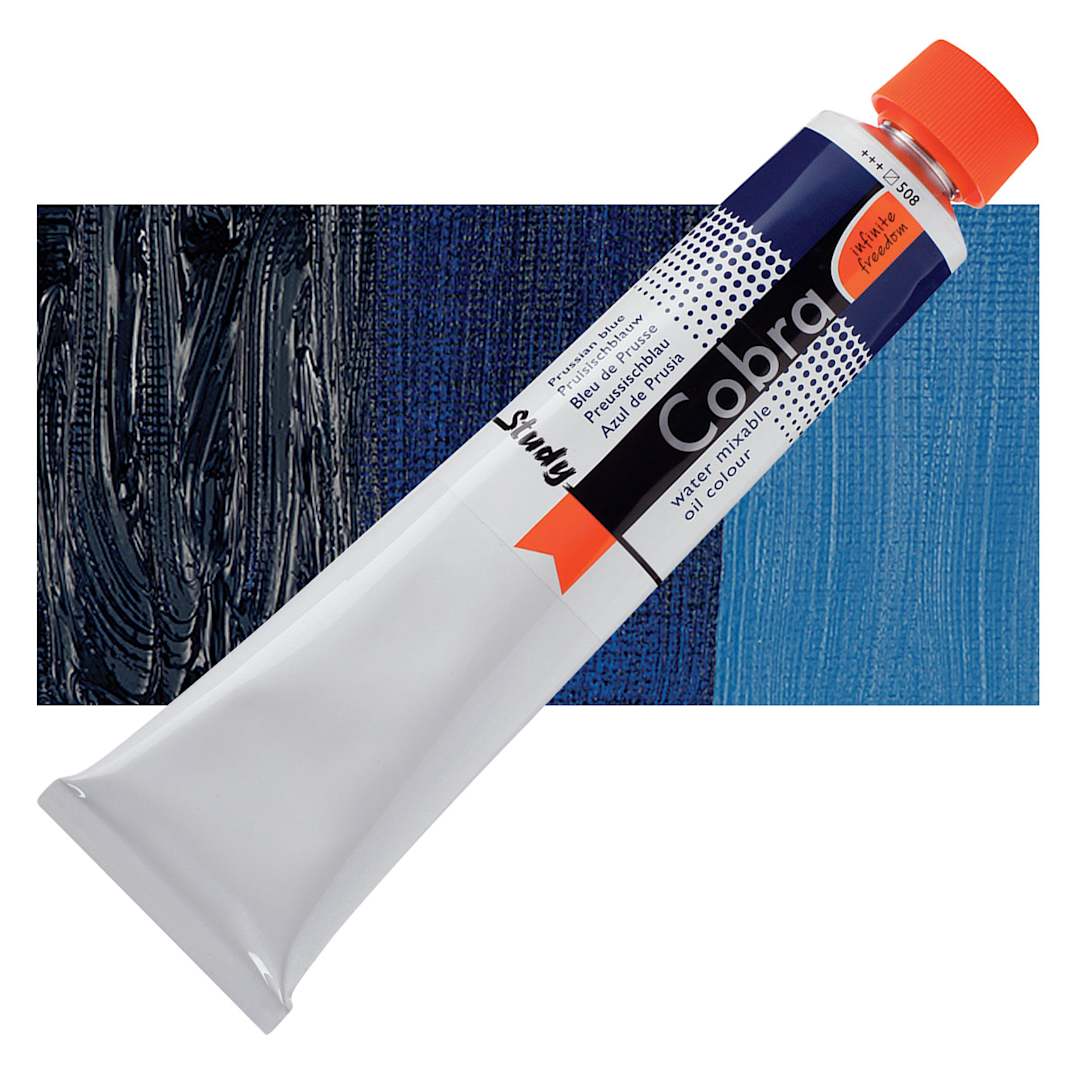 Open in modal - Royal Talens Cobra Study Water Mixable Oil Paint - Prussian Blue, 200 ml tube and swatch