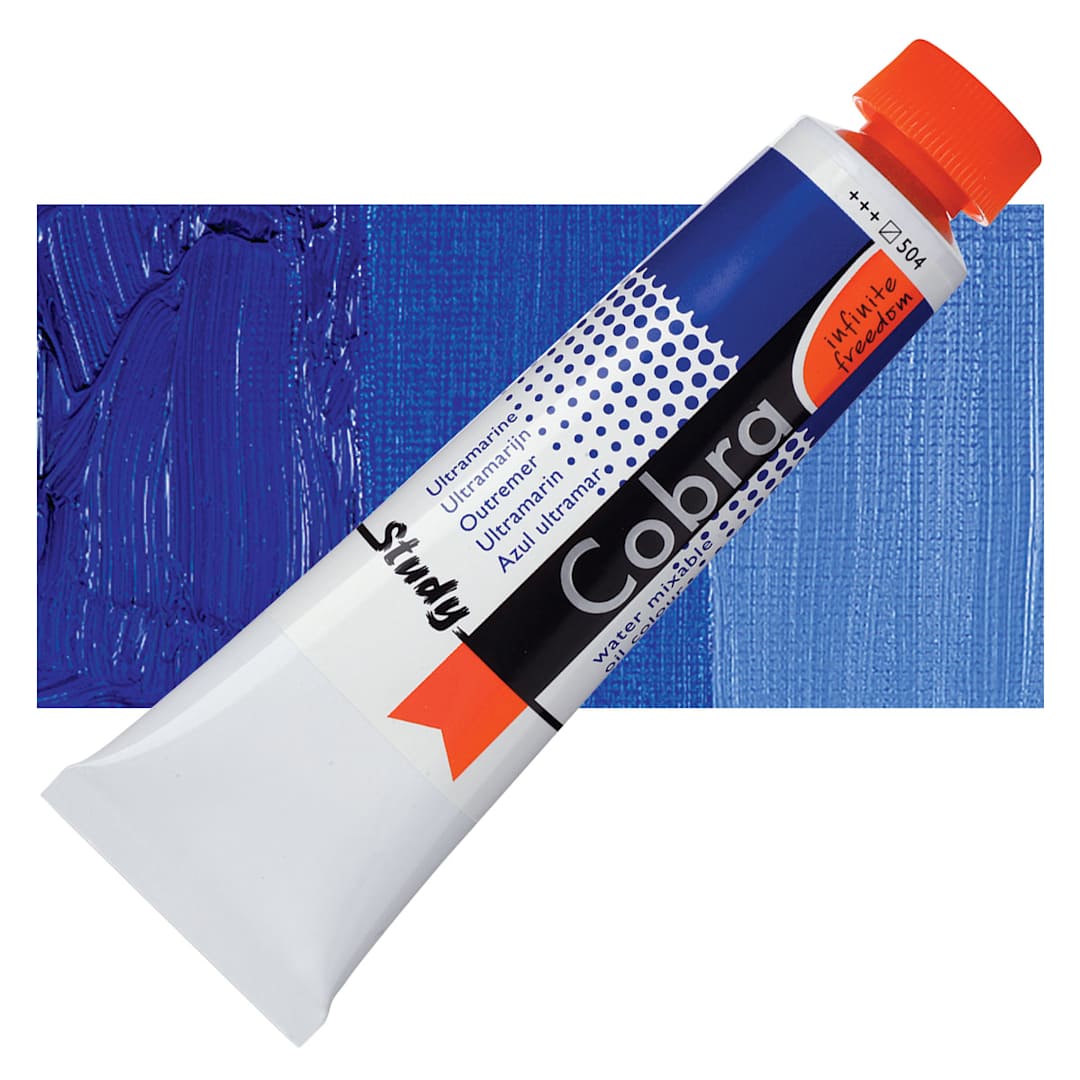 Open in modal - Royal Talens Cobra Study Water Mixable Oil Paint - Ultramarine, 40 ml tube and swatch