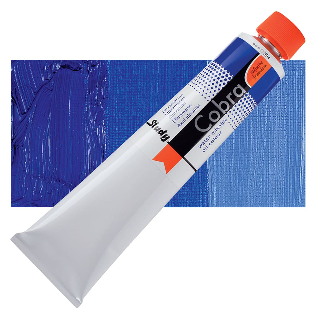 Open in modal - Royal Talens Cobra Study Water Mixable Oil Paint - Ultramarine, 200 ml tube and swatch
