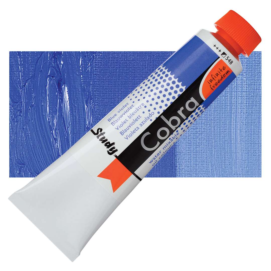 Open in modal - Royal Talens Cobra Study Water Mixable Oil Paint - Blue Violet, 40 ml tube and swatch