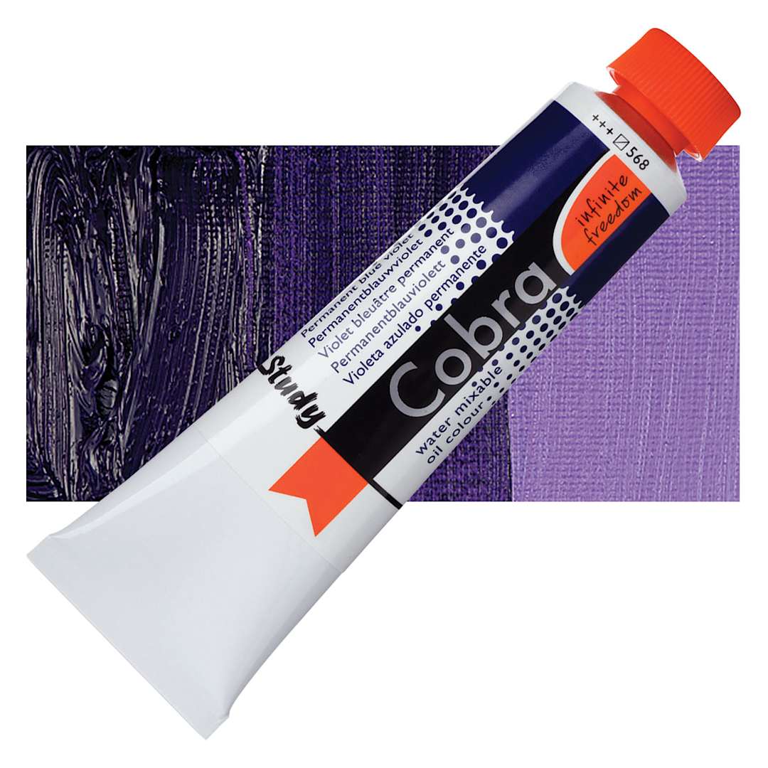 Open in modal - Royal Talens Cobra Study Water Mixable Oil Paint - Permanent Blue Violet, 40 ml tube and swatch