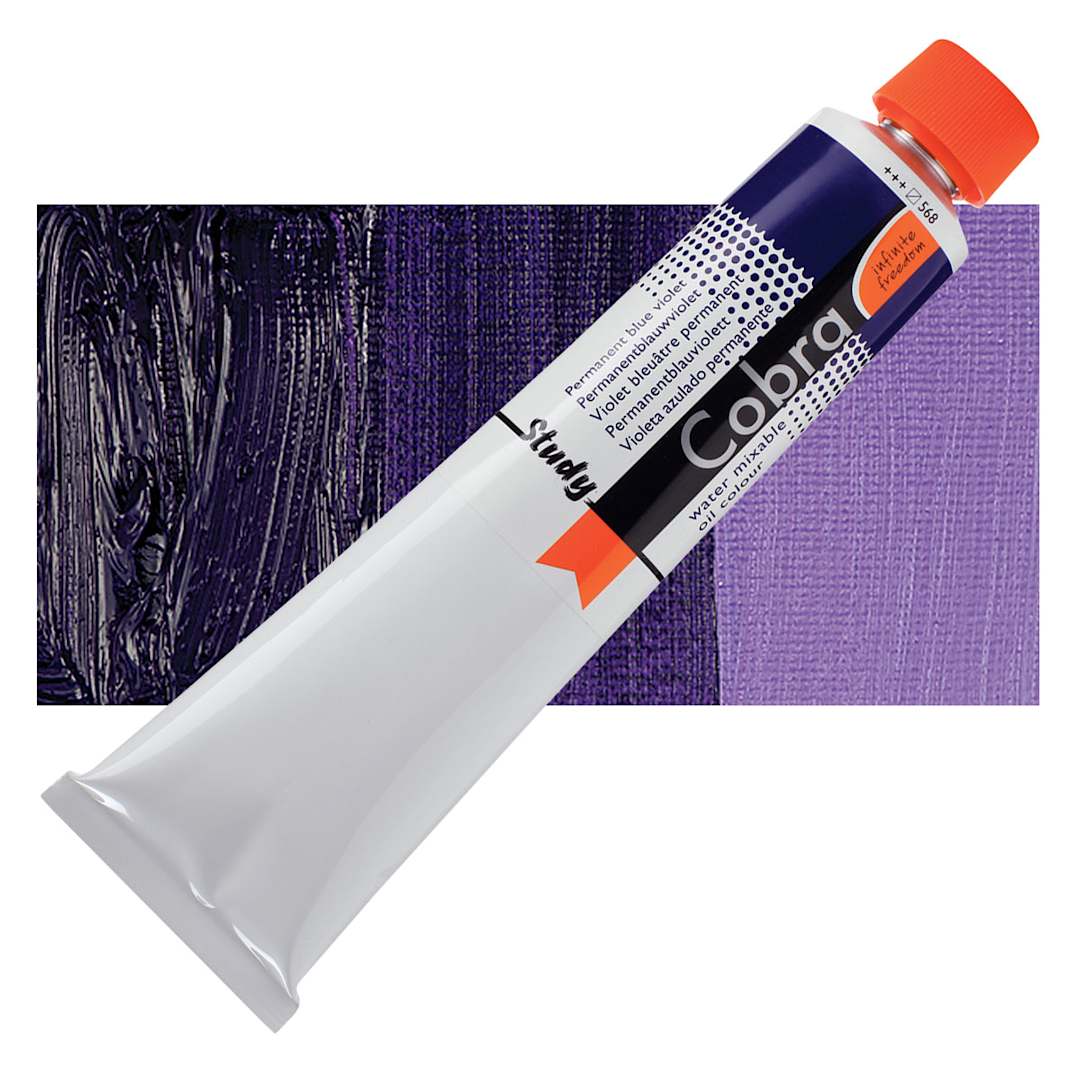 Open in modal - Royal Talens Cobra Study Water Mixable Oil Paint - Permanent Blue Violet, 200 ml tube and swatch