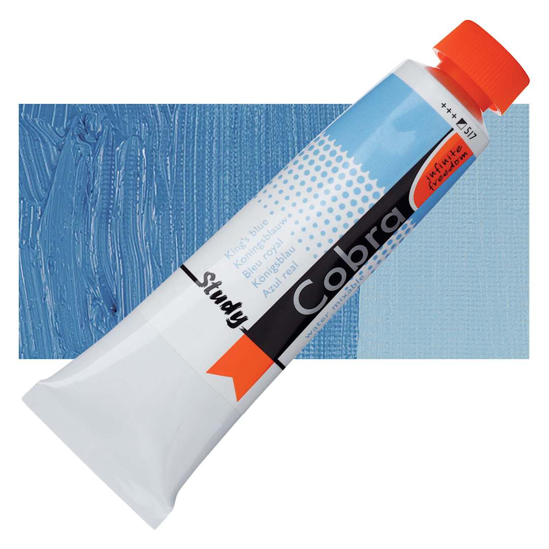 Open in modal - Royal Talens Cobra Study Water Mixable Oil Paint - King's Blue, 40 ml tube and swatch