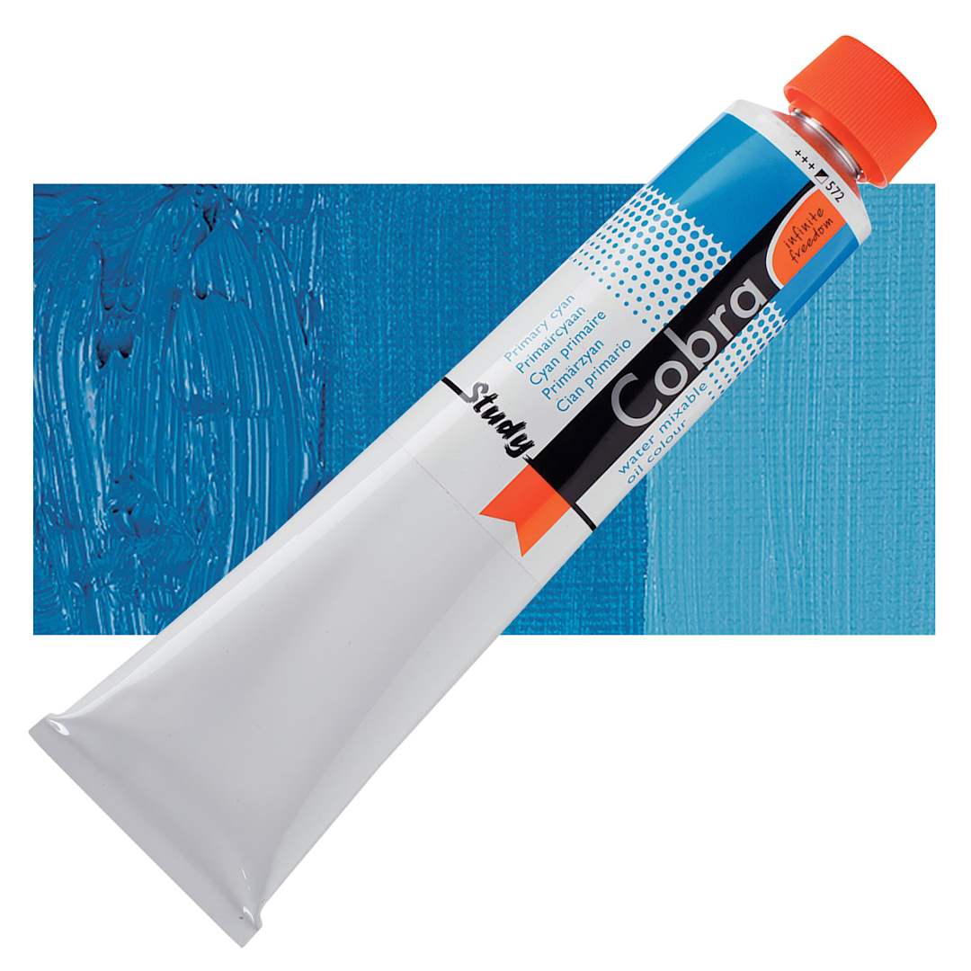 Open in modal - Royal Talens Cobra Study Water Mixable Oil Paint - Primary Cyan, 200 ml tube and swatch