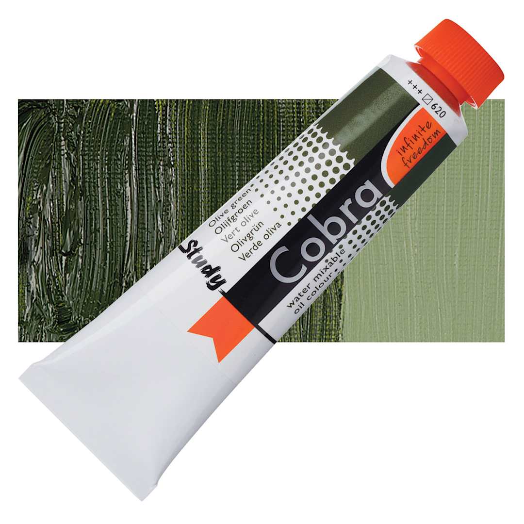 Open in modal - Royal Talens Cobra Study Water Mixable Oil Paint - Olive Green, 40 ml tube and swatch