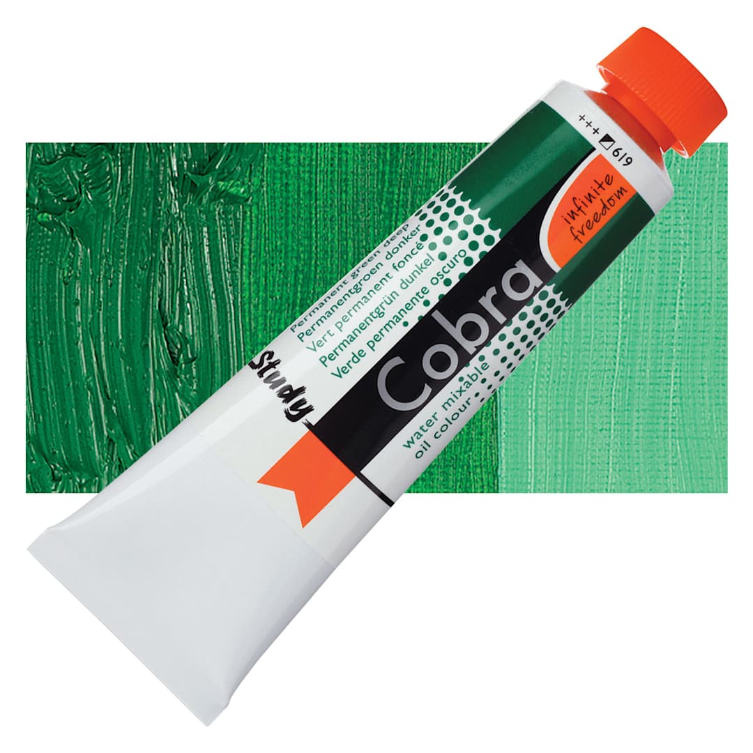 Open in modal - Royal Talens Cobra Study Water Mixable Oil Paint - Permanent Green Deep, 40 ml tube and swatch