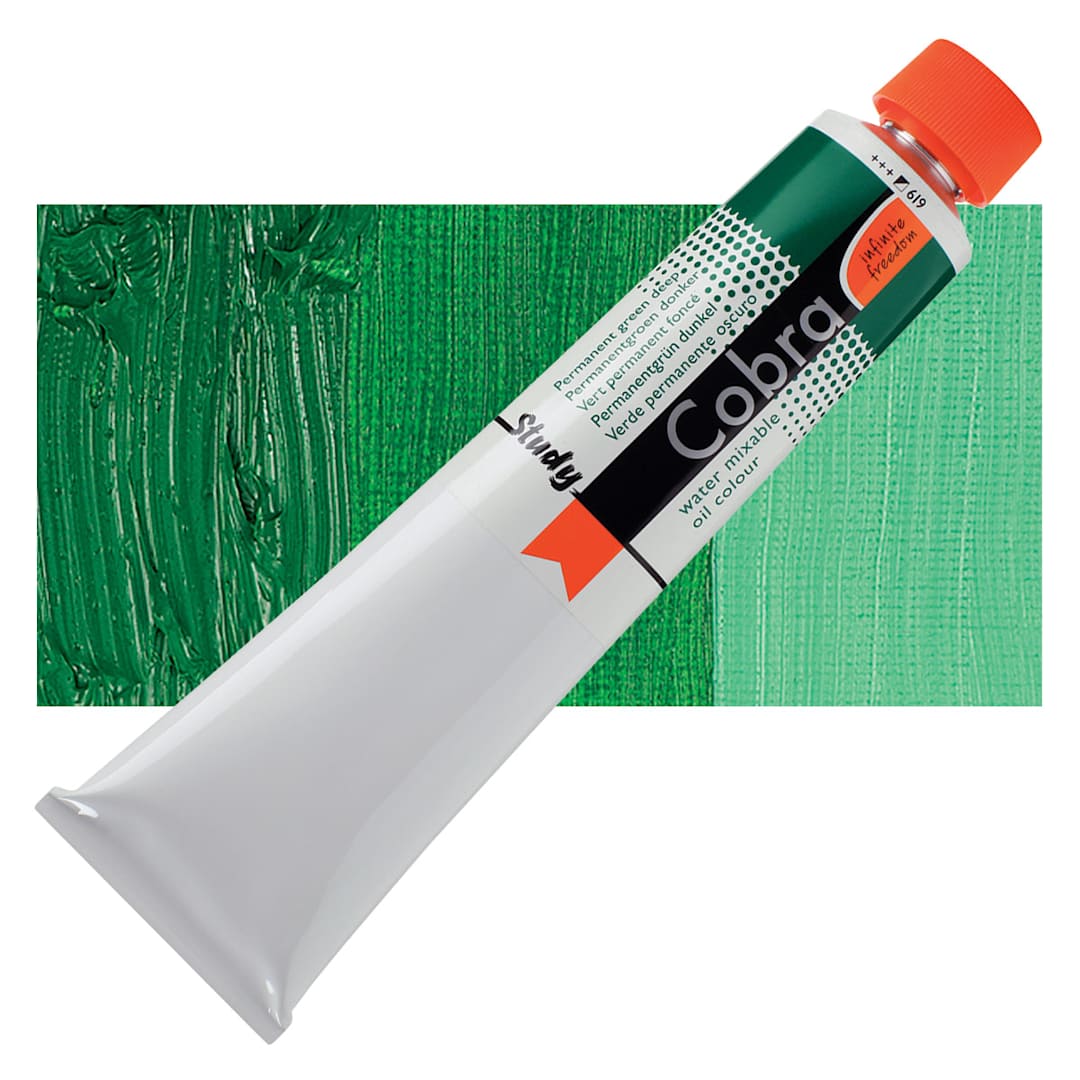 Open in modal - Royal Talens Cobra Study Water Mixable Oil Paint - Permanent Green Deep, 200 ml tube and swatch