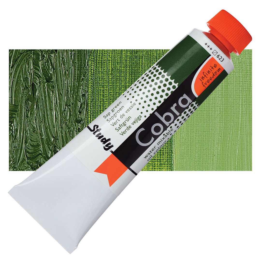 Open in modal - Royal Talens Cobra Study Water Mixable Oil Paint - Sap Green, 40 ml tube and swatch