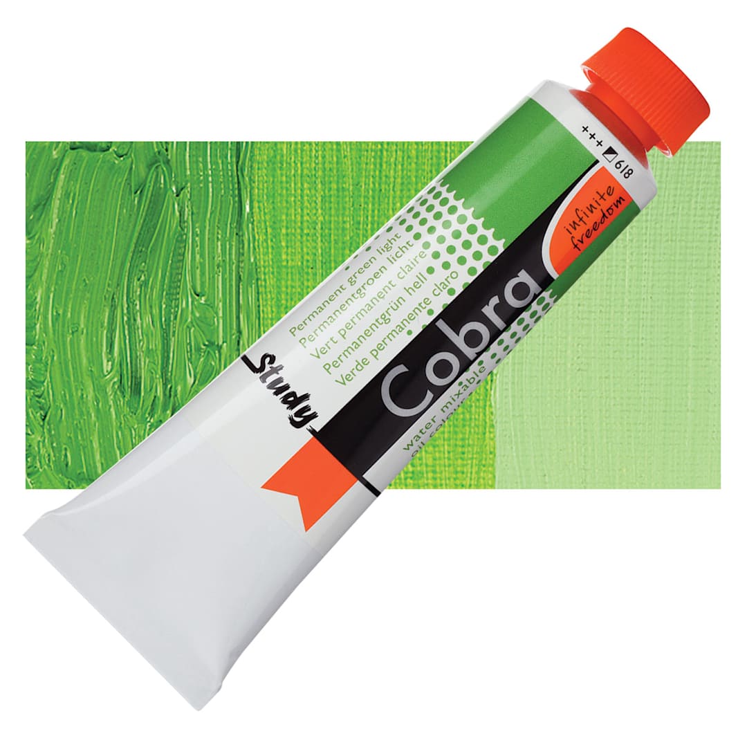 Open in modal - Royal Talens Cobra Study Water Mixable Oil Paint - Permanent Green Light, 200 ml tube and swatch