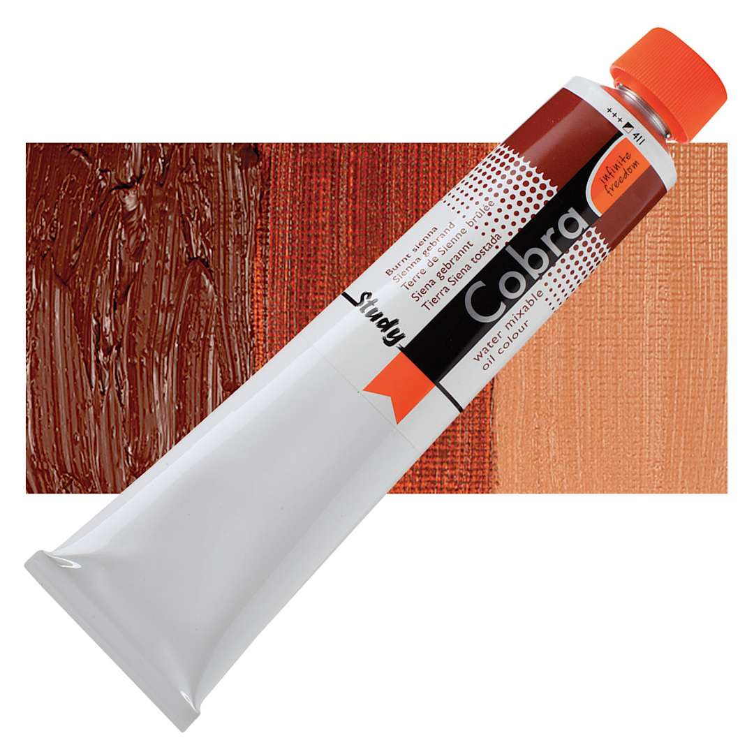 Open in modal - Royal Talens Cobra Study Water Mixable Oil Paint - Burnt Sienna, 200 ml tube and swatch