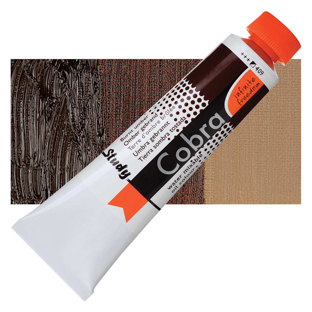 Open in modal - Royal Talens Cobra Study Water Mixable Oil Paint - Burnt Umber, 40 ml tube and swatch