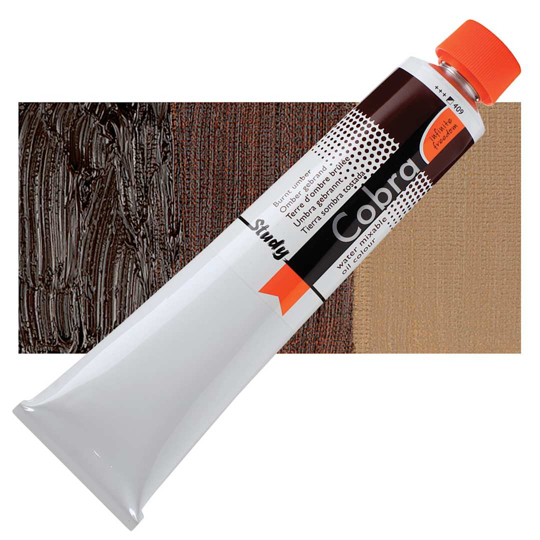 Open in modal - Royal Talens Cobra Study Water Mixable Oil Paint - Burnt Umber, 200 ml tube and swatch