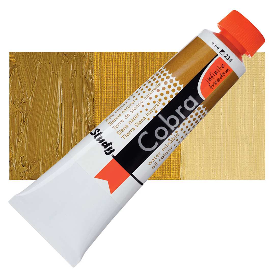 Open in modal - Royal Talens Cobra Study Water Mixable Oil Paint - Raw Sienna, 40 ml tube and swatch