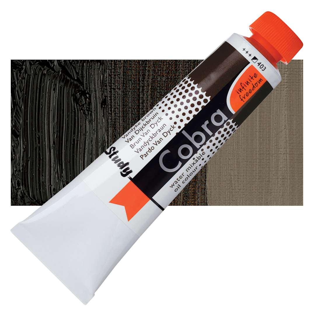 Open in modal - Royal Talens Cobra Study Water Mixable Oil Paint - Vandyke Brown, 40 ml tube and swatch