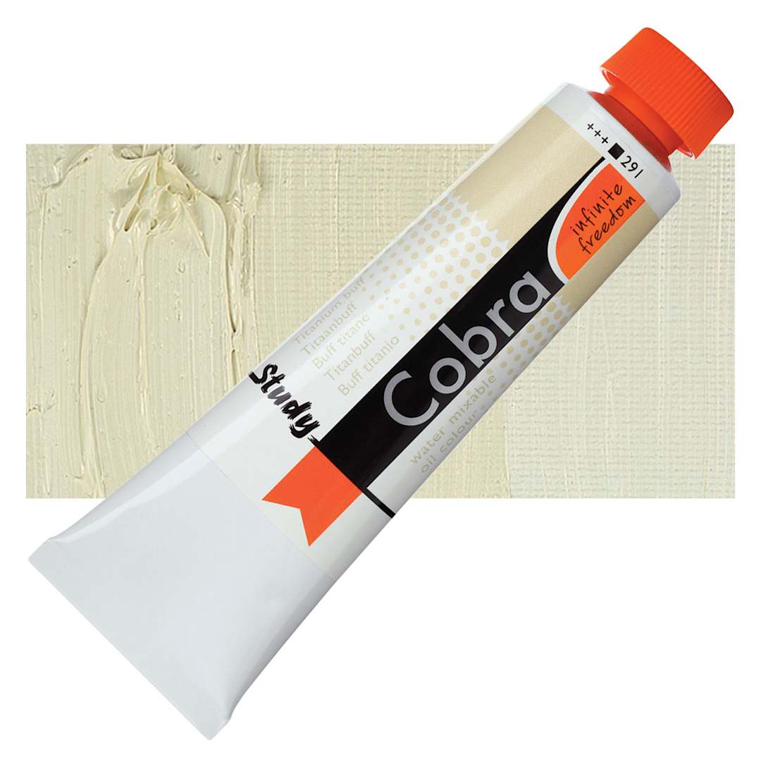 Open in modal - Royal Talens Cobra Study Water Mixable Oil Paint - Titanium Buff, 40 ml tube and swatch