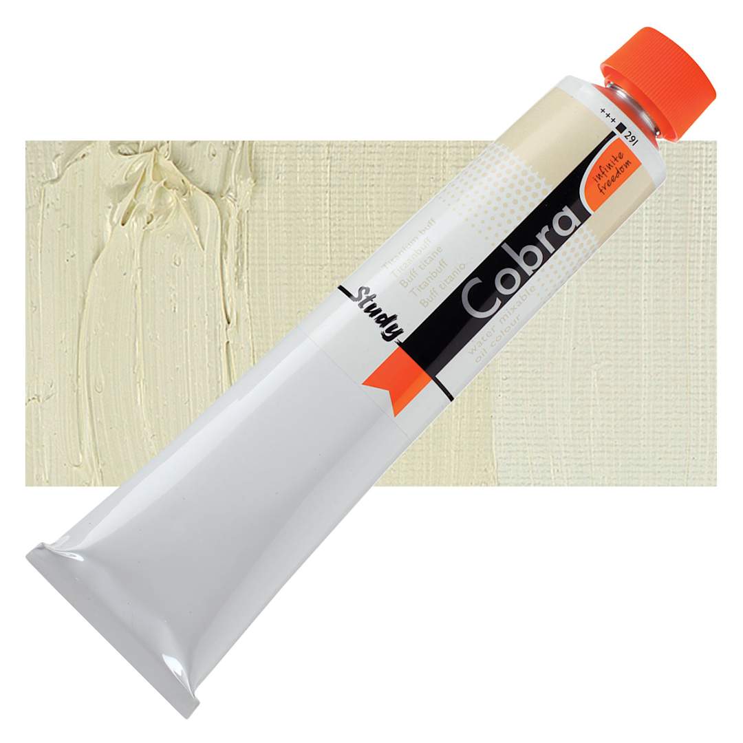 Open in modal - Royal Talens Cobra Study Water Mixable Oil Paint - Titanium Buff, 200 ml tube and swatch