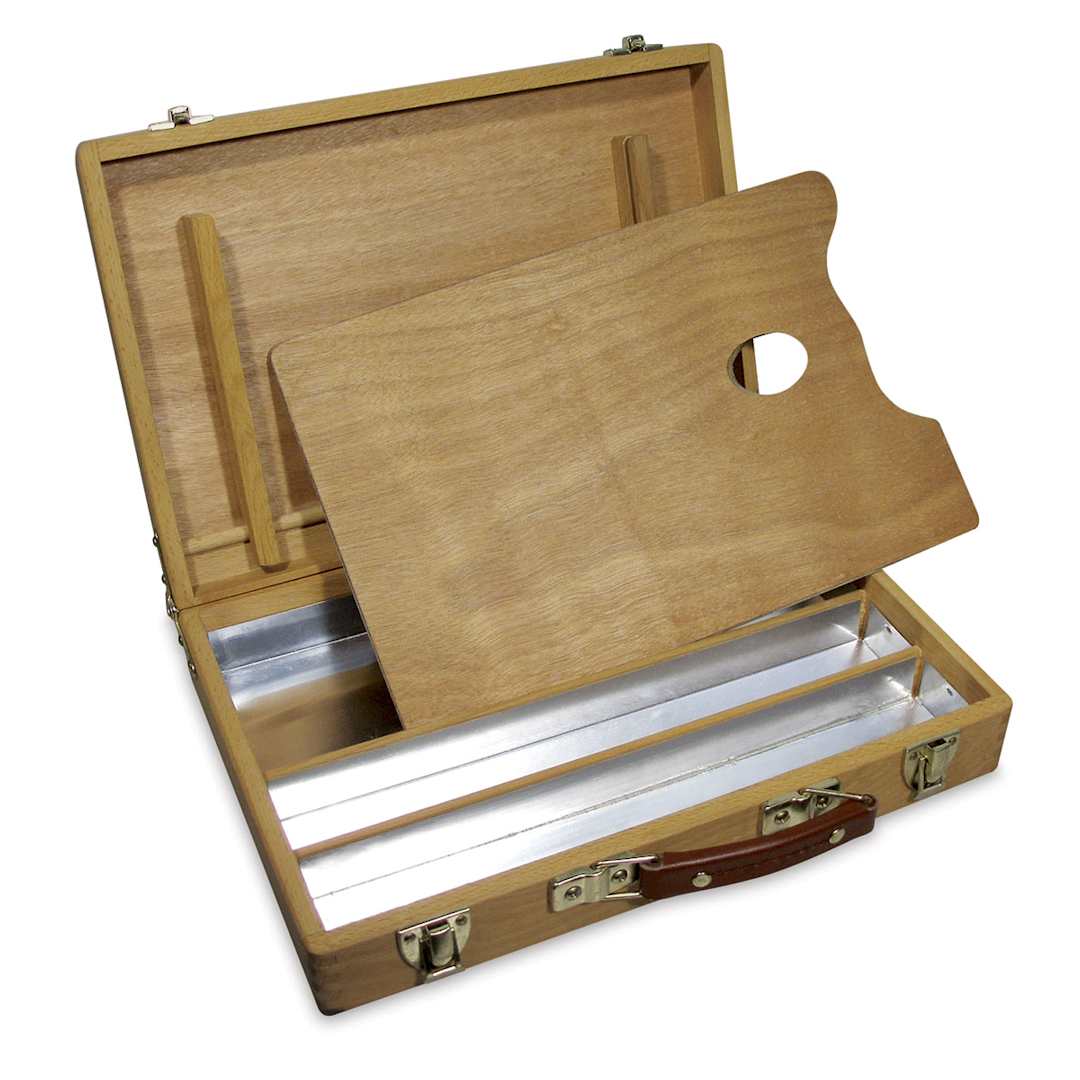 Open in modal - Utrecht Wooden Oil Paint Box - Open showing lined compartments and wooden palette